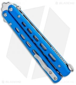 Boker Plus Mini Balisong Trainer Blue G-10 (3.25" Satin) 01BO715SOI -Buck Knives Store Boker Plus Mini Balisong Trainer Blue Holes G 10 Satin 01BO715SOI BHQ 99636 jr side
