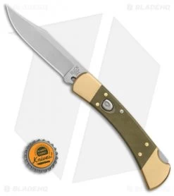 Buck Knives Buck 110 Automatic Knife OD Green Canvas Micarta/Brushed Brass (3.75" SW) -Buck Knives Store Buck 110 Auto Brushed Micarta Brass BHQ 88783 er bottlecap