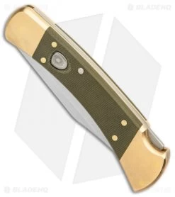 Buck Knives Buck 110 Automatic Knife OD Green Canvas Micarta/Brushed Brass (3.75" SW) -Buck Knives Store Buck 110 Auto Brushed Micarta Brass BHQ 88783 er spine