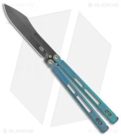 EOS Trident Balisong Butterfly Knife Antique Green Ti (4.5" Black DLC)