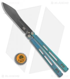 EOS Trident Balisong Butterfly Knife Antique Green Ti (4.5" Black DLC) -Buck Knives Store EOS Trident Balisong Butterfly Antique Green Ti DLC BHQ 120716 jr bottlecap