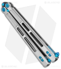 EOS Trident Balisong Butterfly Knife Satin Titanium W/ Blue (4.5" Black S30V) -Buck Knives Store EOS Trident Satin Blue black BHQ 135853 jr side
