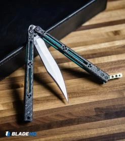 Hom Design Basilisk-R Balisong Butterfly Knife CF W/Teal Liners (4.6" Stonewash) -Buck Knives Store Hom Design Basilisk R Balisong Butterfly Knife CF Teal Liners SW BHQ 89528 kp desk tray web