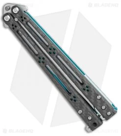 Hom Design Basilisk-R Balisong Butterfly Knife CF W/Teal Liners (4.6" Stonewash) -Buck Knives Store Hom Design Basilisk R Balisong Butterfly Knife CF w Teal Liners 4.6 SW BHQ 89528 LS Side