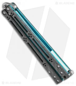 Hom Design Basilisk-R Balisong Butterfly Knife CF W/Teal Liners (4.6" Stonewash) -Buck Knives Store Hom Design Basilisk R Balisong Butterfly Knife CF w Teal Liners 4.6 SW BHQ 89528 LS Spine