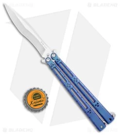 Hom Design I-Basilisk Channel Butterfly Knife Blue Titanium Latched (4.5" Satin) -Buck Knives Store Hom Design I Basilisk Channel Butterfly Blue Ti Latched Satin BHQ 175602 jr bottlecap