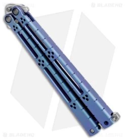 Hom Design I-Basilisk Channel Butterfly Knife Blue Titanium Latched (4.5" Satin) -Buck Knives Store Hom Design I Basilisk Channel Butterfly Blue Ti Latched Satin BHQ 175602 jr side
