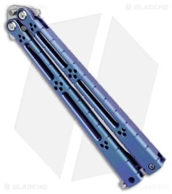 Hom Design I-Basilisk Channel Butterfly Knife Blue Titanium Latched (4.5" Satin) -Buck Knives Store Hom Design I Basilisk Channel Butterfly Blue Ti Latched Satin BHQ 175602 jr spine