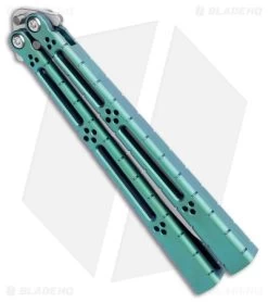 Hom Design I-Basilisk Channel Butterfly Knife Teal Titanium (4.5" Stonewash) -Buck Knives Store Hom Design I Basilisk Channel Butterfly Teal Ti SW BHQ 175603 jr spine