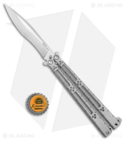 Hom Design I-Basilisk Channel Butterfly Knife Silver Ti + Latch (4.5" Satin) -Buck Knives Store Hom Design i Basilisk Channel Butterfly Silver Ti Satin BHQ 165016 jr bottlecap