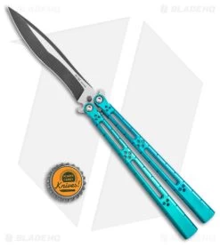 Hom Design I-Basilisk Channel Butterfly Knife Teal Titanium (4.5" Acid Wash) -Buck Knives Store Hom Design i Basilisk Channel Butterfly Teal Ti Acid Wash BHQ 165018 jr bottlecap