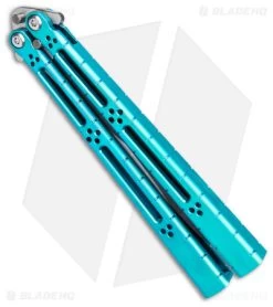 Hom Design I-Basilisk Channel Butterfly Knife Teal Titanium (4.5" Acid Wash) -Buck Knives Store Hom Design i Basilisk Channel Butterfly Teal Ti Acid Wash BHQ 165018 jr spine