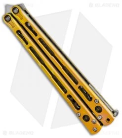 Hom Design Chimera Premium Balisong Knife Gold Ti/CF (4.75 Satin) -Buck Knives Store Hom Designs Chimera Premium Butterfly Knife Gold Ano Satin BHQ 100558 jr side