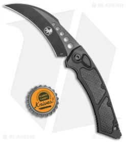 Microtech Signature Series Hawk Auto Knife Black Al. CF Inlay (4" Black DLC) -Buck Knives Store Microtech Hawk Automatic Knife Black DLC CF Inlay 4 Black BHQ 118832 jr bottlecap