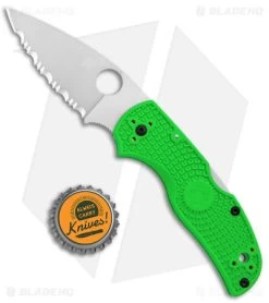 Spyderco Native 5 Salt Lockback Knife Green FRN (3" Satin LC200N Serr) C41SGR5 -Buck Knives Store Spyderco Native 5 Salt LB Green FRN Satin Serr BHQ 145693 jr bottlecap