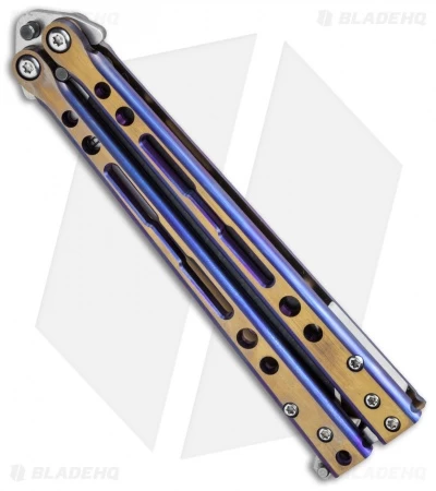 Hom Design Specter Evo Titanium Balisong Knife Purple Gold (4.4" Two-Tone) 4 Hom Design Specter Evo Titanium Balisong Knife Purple Gold (4.4" Two-Tone) - Image 2