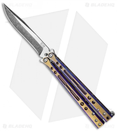 Hom Design Specter Evo Titanium Balisong Knife Purple Gold (4.4" Two-Tone) 3 Hom Design Specter Evo Titanium Balisong Knife Purple Gold (4.4" Two-Tone)