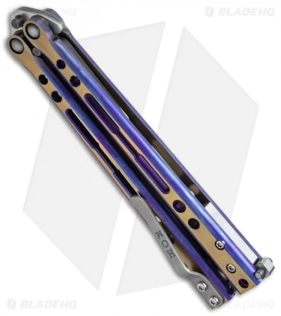 Hom Design Specter Evo Titanium Balisong Knife Purple Gold (4.4" Two-Tone) 5 Hom Design Specter Evo Titanium Balisong Knife Purple Gold (4.4" Two-Tone) - Image 3